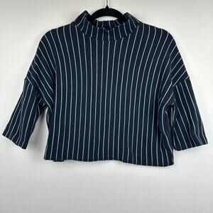 Zara W&B Collection Womens Half Sleeve Mock Neck Navy/White Striped Shirt Small